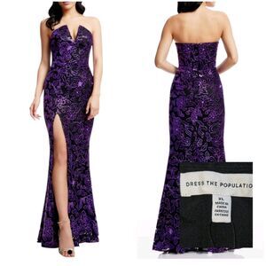 Dress the Population Fernanda Gown in Midnight Plum Black Size XL Maxi Dress